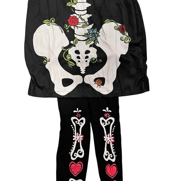 Skeleton Dress Mask Leggings Arm Sleeves Día de los Muertos 6 Piece Costume SM - Picture 4 of 7